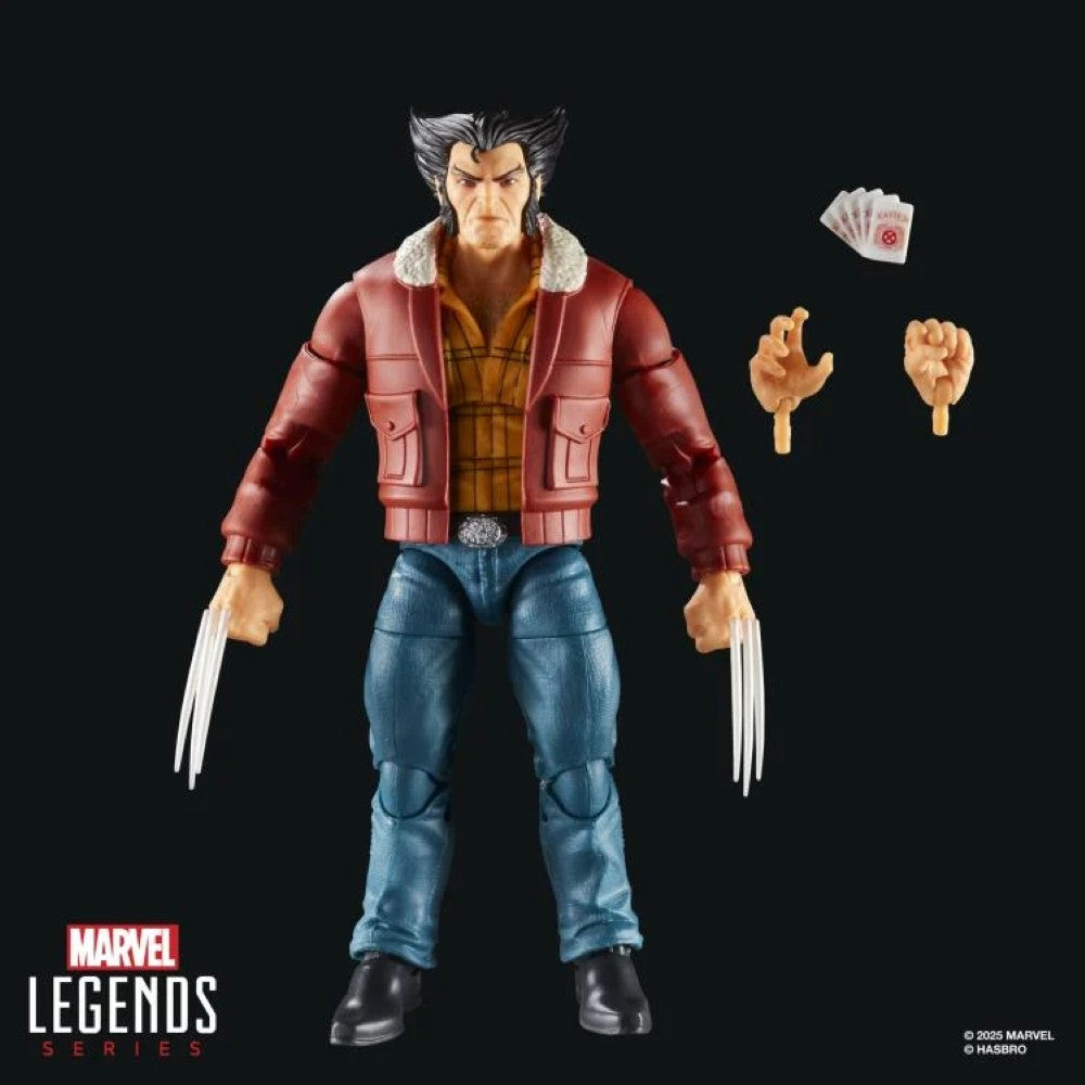 6-inch Marvel Legends Wolverine action figure in brown jacket with removable hands and cards by Hasbro