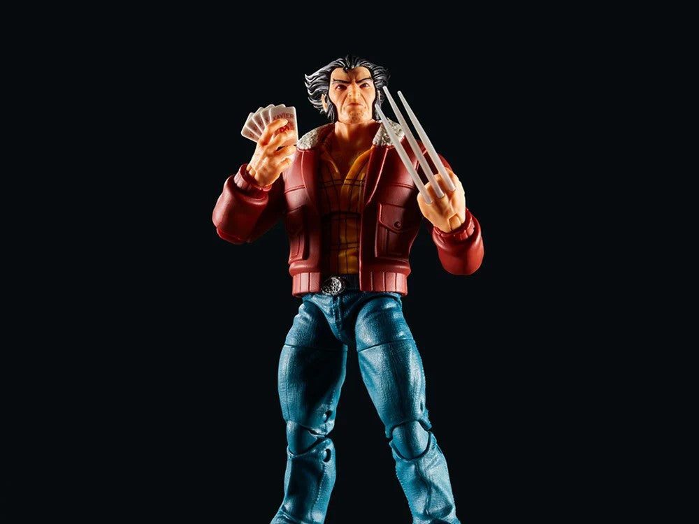Marvel Legends 6-inch Logan X-Men 97 action figure by Hasbro with claws and cards on black background