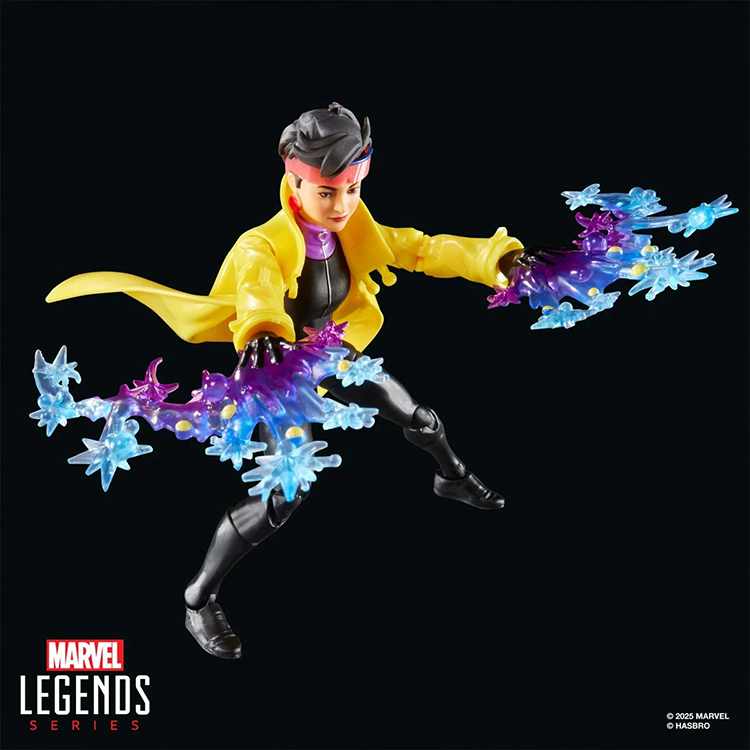 Hasbro Marvel Legends 6-inch Jubilee action figure in yellow coat with purple plasmoid power effects posed.
