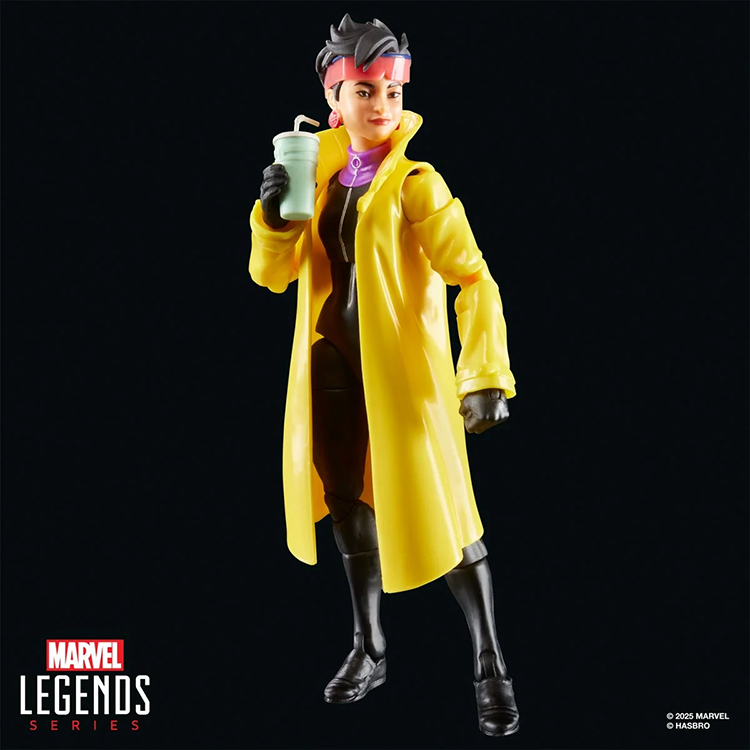 Hasbro Marvel Legends 6-inch Jubilee action figure in yellow coat holding a soda cup with articulated joints