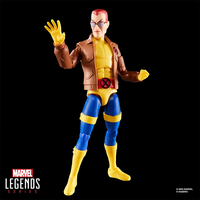 Hasbro Marvel Legends 6-inch action figure of X-Men character in yellow and blue costume with brown jacket poseable limbs