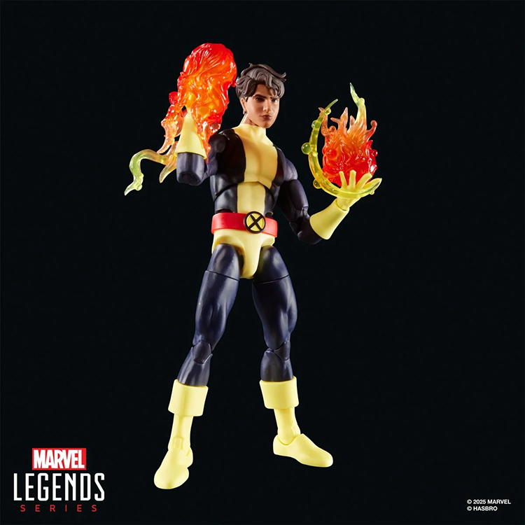 Hasbro Marvel Legends Sunspot action figure with flame effects in classic X-Men ’97 costume on black background