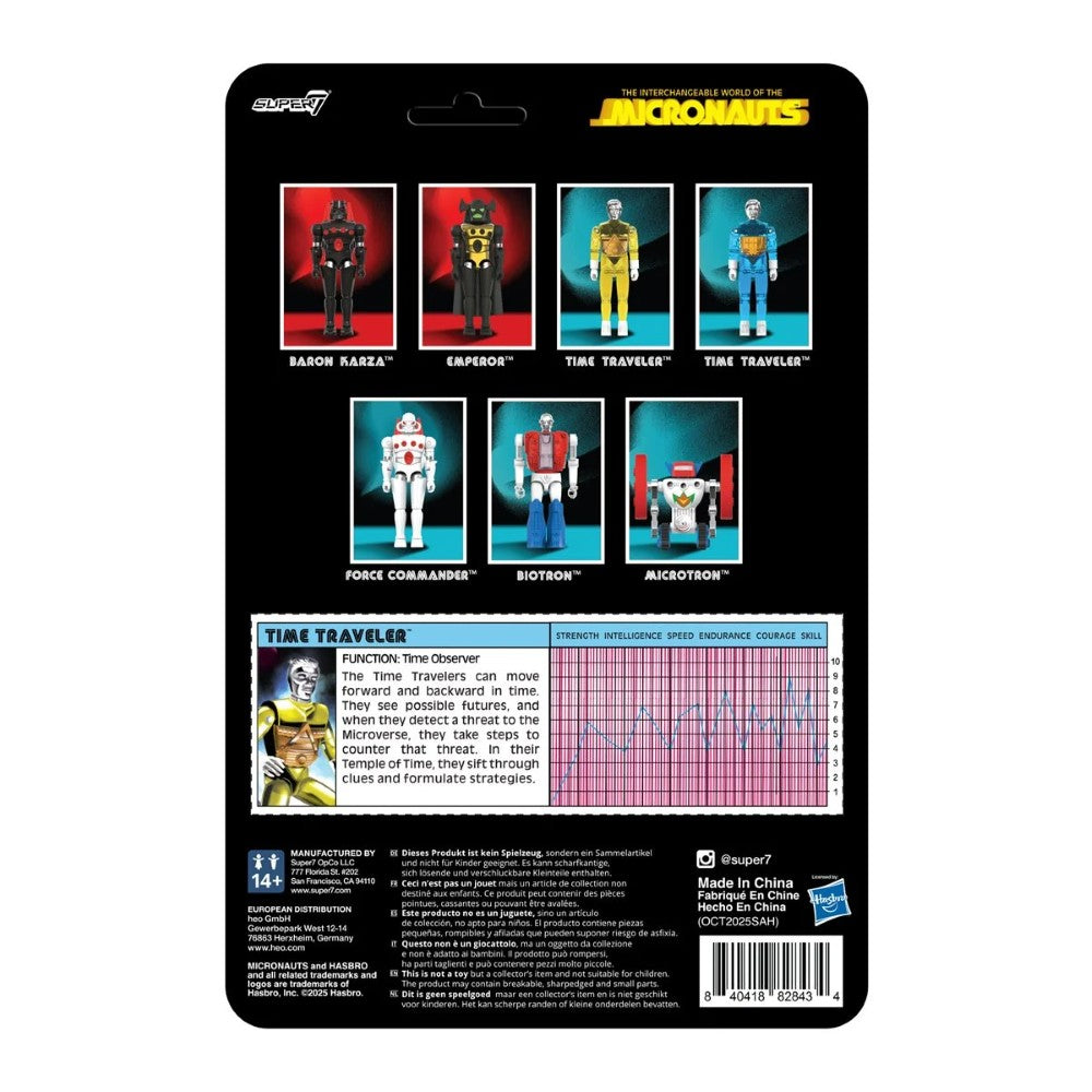 Time Traveler Micronauts Translucent YELLOW Super7 ReAction+ Action Figure new in box with character stats on backing card