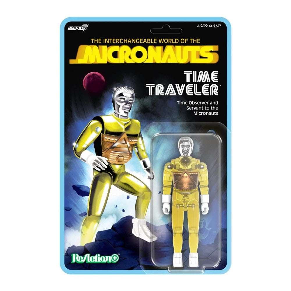Time Traveler Micronauts Translucent YELLOW Super7 ReAction+ Action Figure new in box with character art and space background