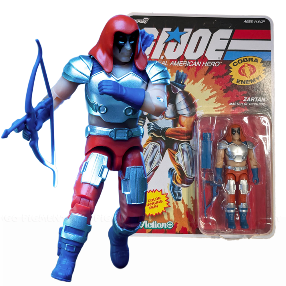 Zartan GI Joe Comic ReAction Plus 1:18 Scale 3 3/4-Inch Action Figure by Super7 with bow accessory and comic cardback.