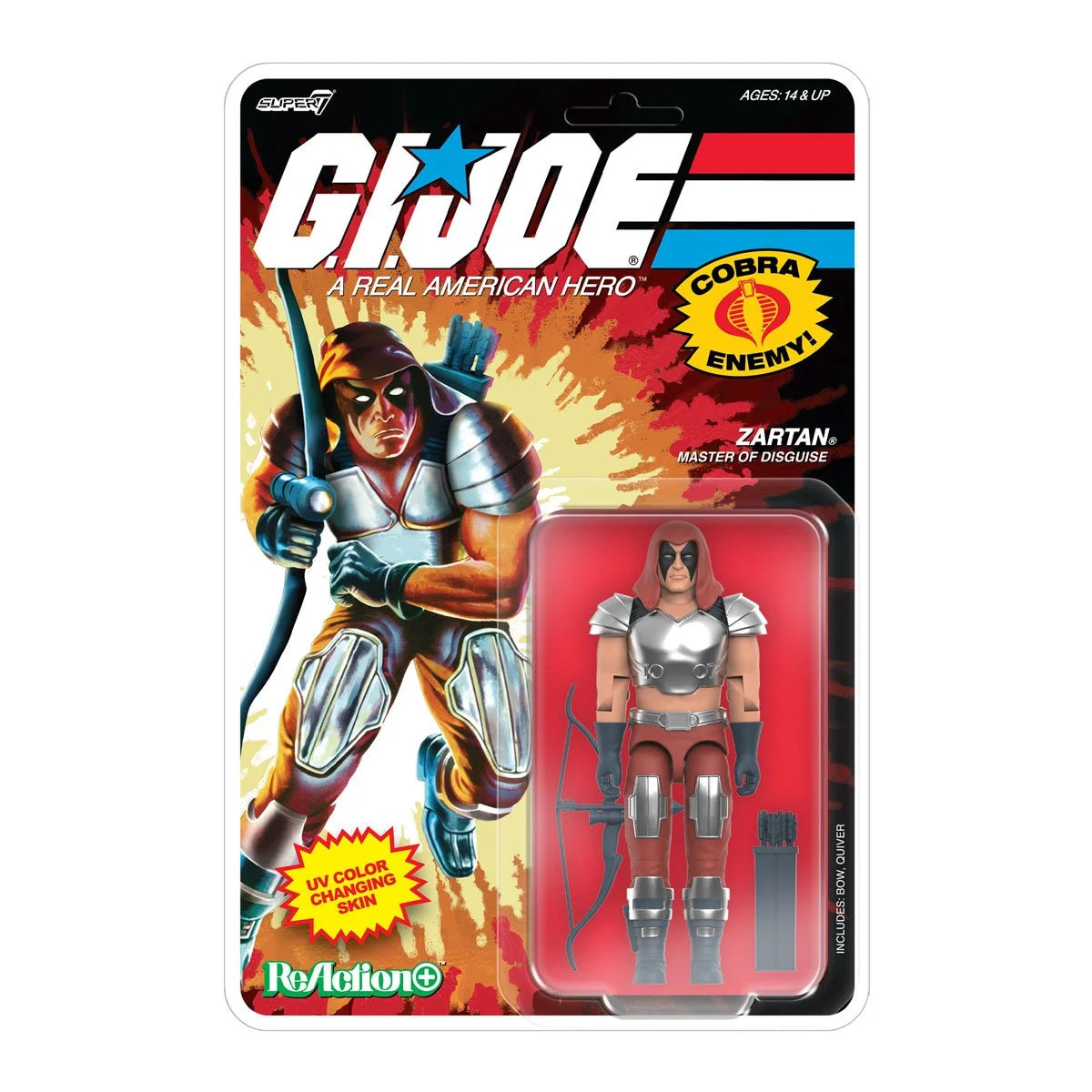 Zartan GI Joe Comic ReAction Plus 1:18 Scale 3 3/4-Inch Action Figure by Super7 in collectible packaging with bow and accessories.