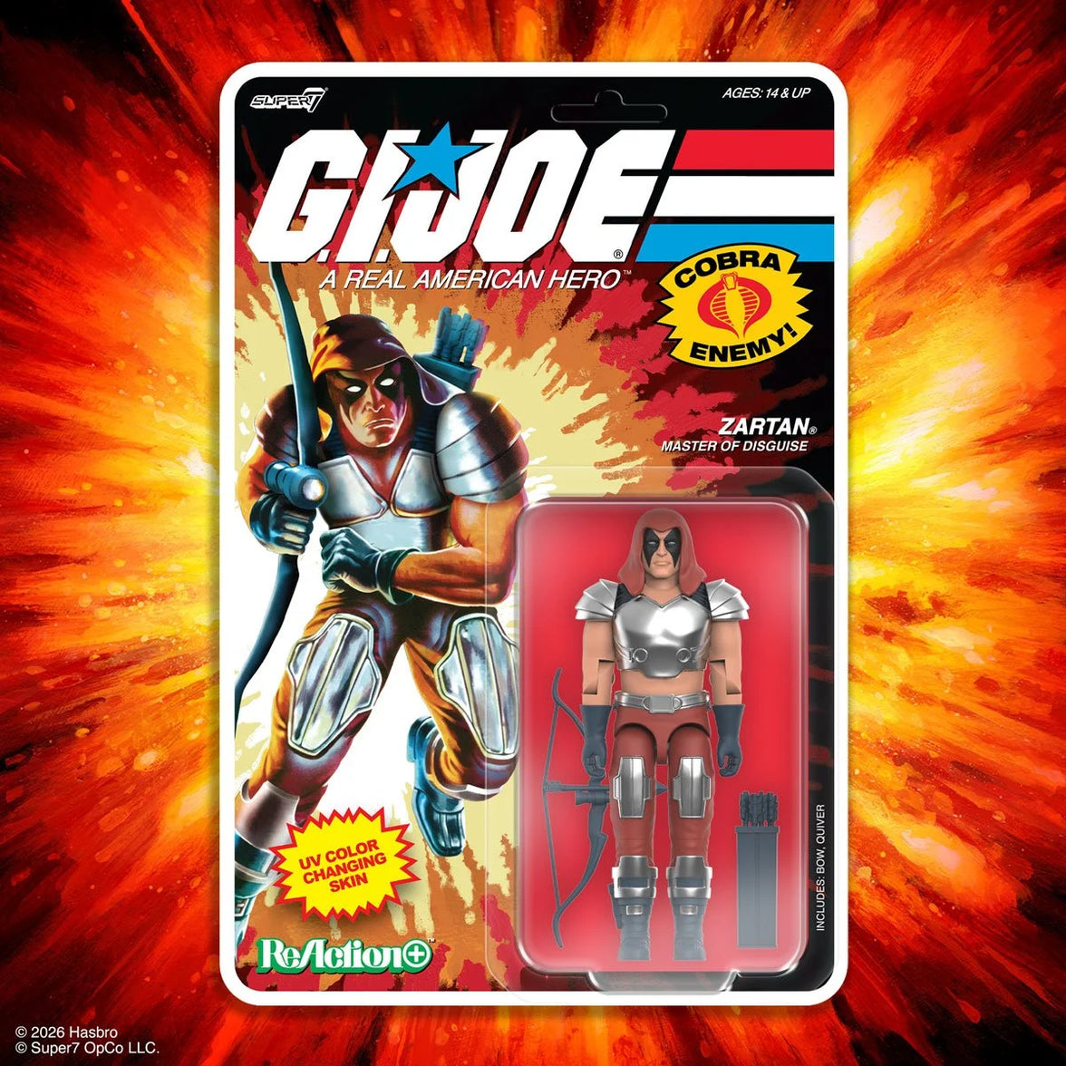 Zartan GI Joe Comic ReAction Plus 1:18 Scale 3 3/4-Inch Action Figure by Super7 in collectible packaging with bow and armor.