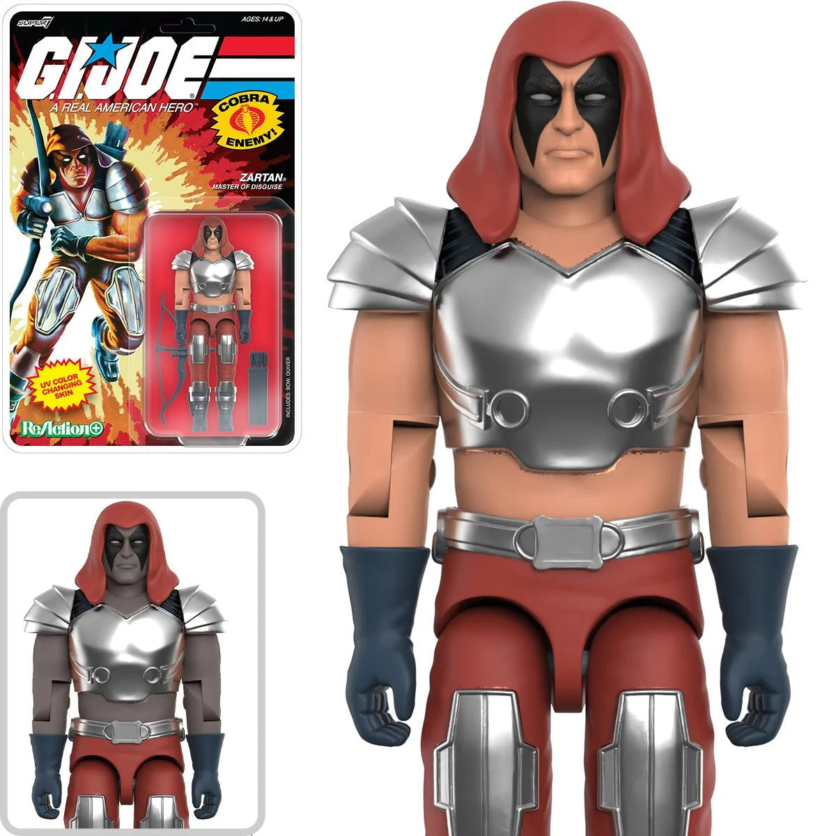 Zartan GI Joe Comic ReAction Plus 1:18 Scale 3 3/4-Inch Action Figure by Super7 with red hood and silver armor