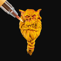 Yellow beard with a syringe applying liquid on a white background