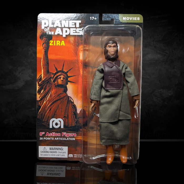 Mego 8-inch Zira figure from Planet of the Apes in detailed costume with 26 points of articulation in packaging