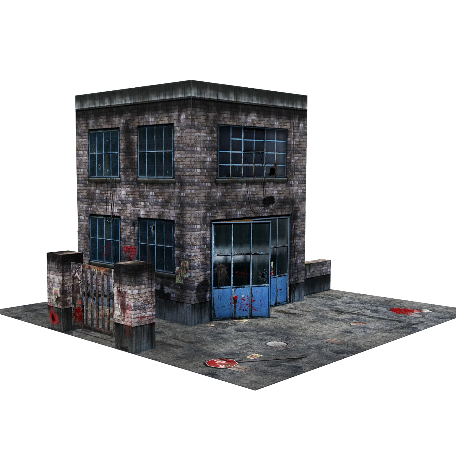 Model of a brick building with glass windows on a white background