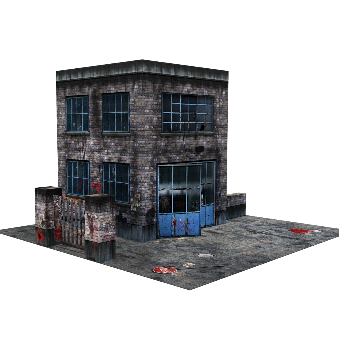 Model of a brick building with glass windows on a white background