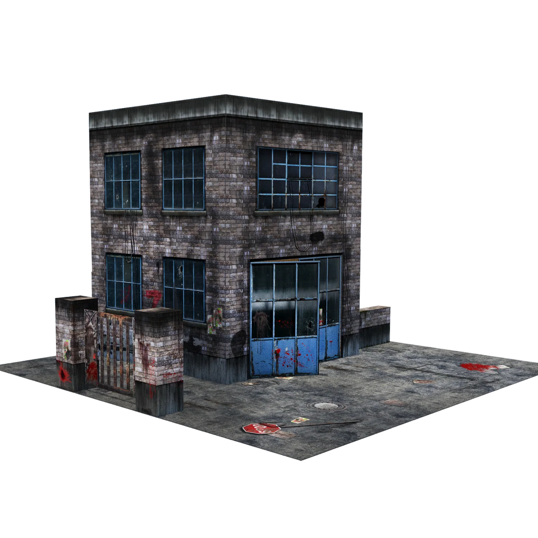 Model of a brick building with glass windows on a white background