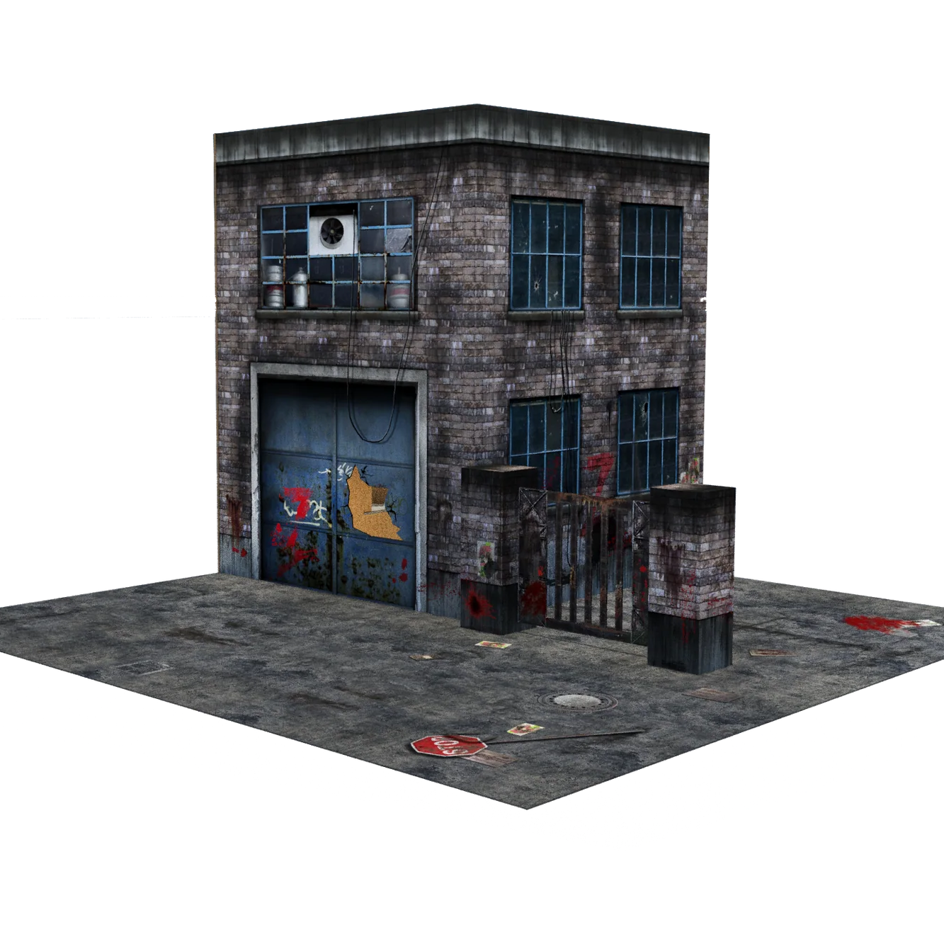 Model of a small building with a garage door on a white background