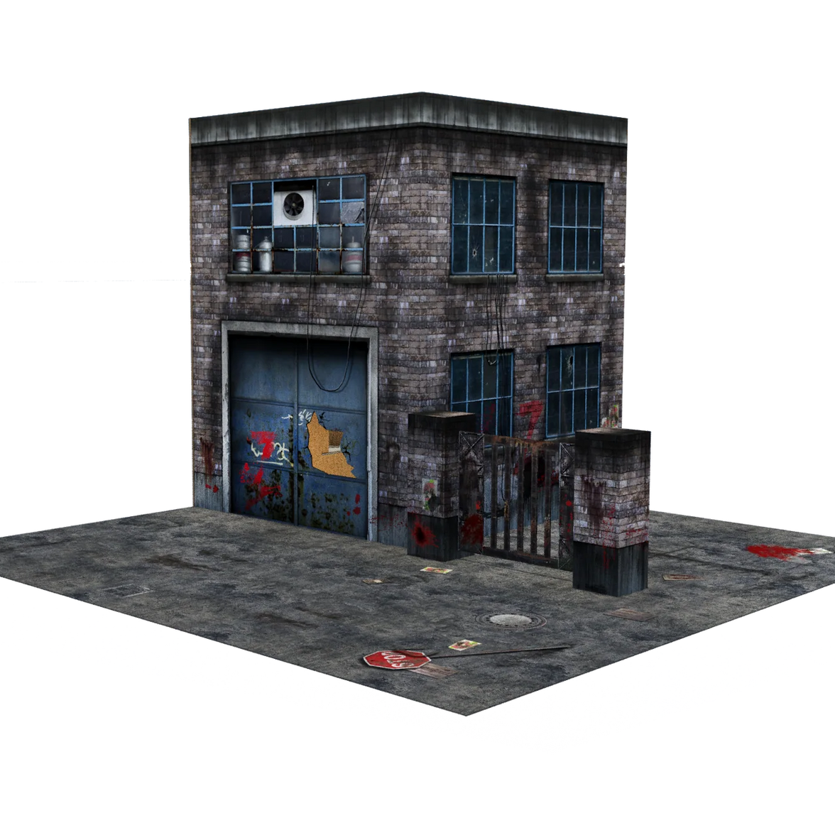 Model of a small building with a garage door on a white background