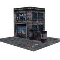 Model of a small building with a garage door on a white background