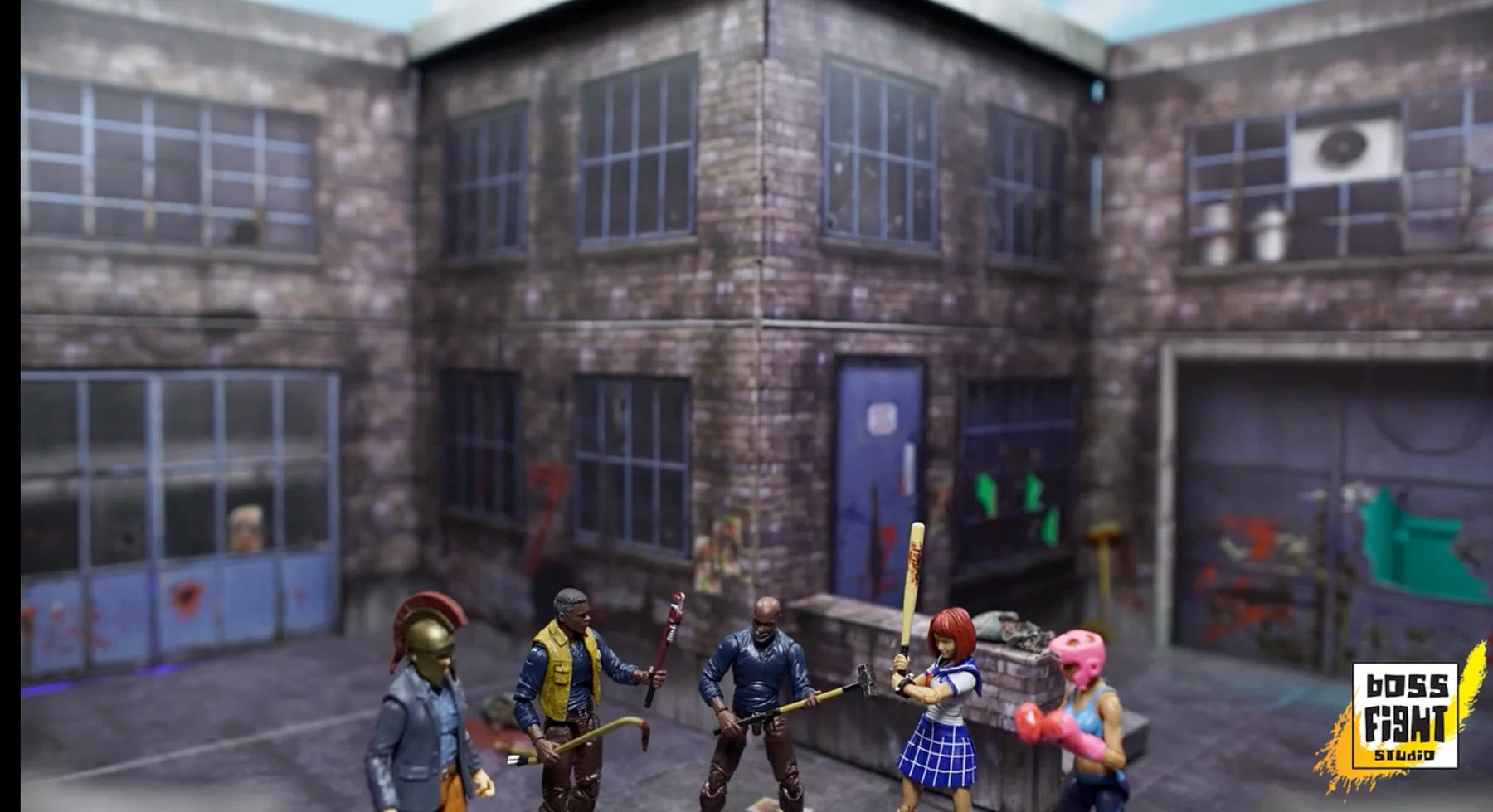 Video game scene with characters in a courtyard of a brick building