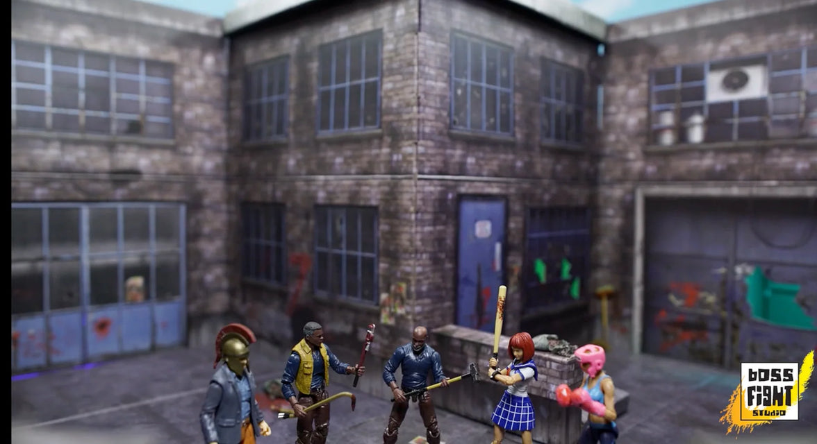 Video game scene with characters in a courtyard of a brick building