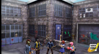 Video game scene with characters in a courtyard of a brick building