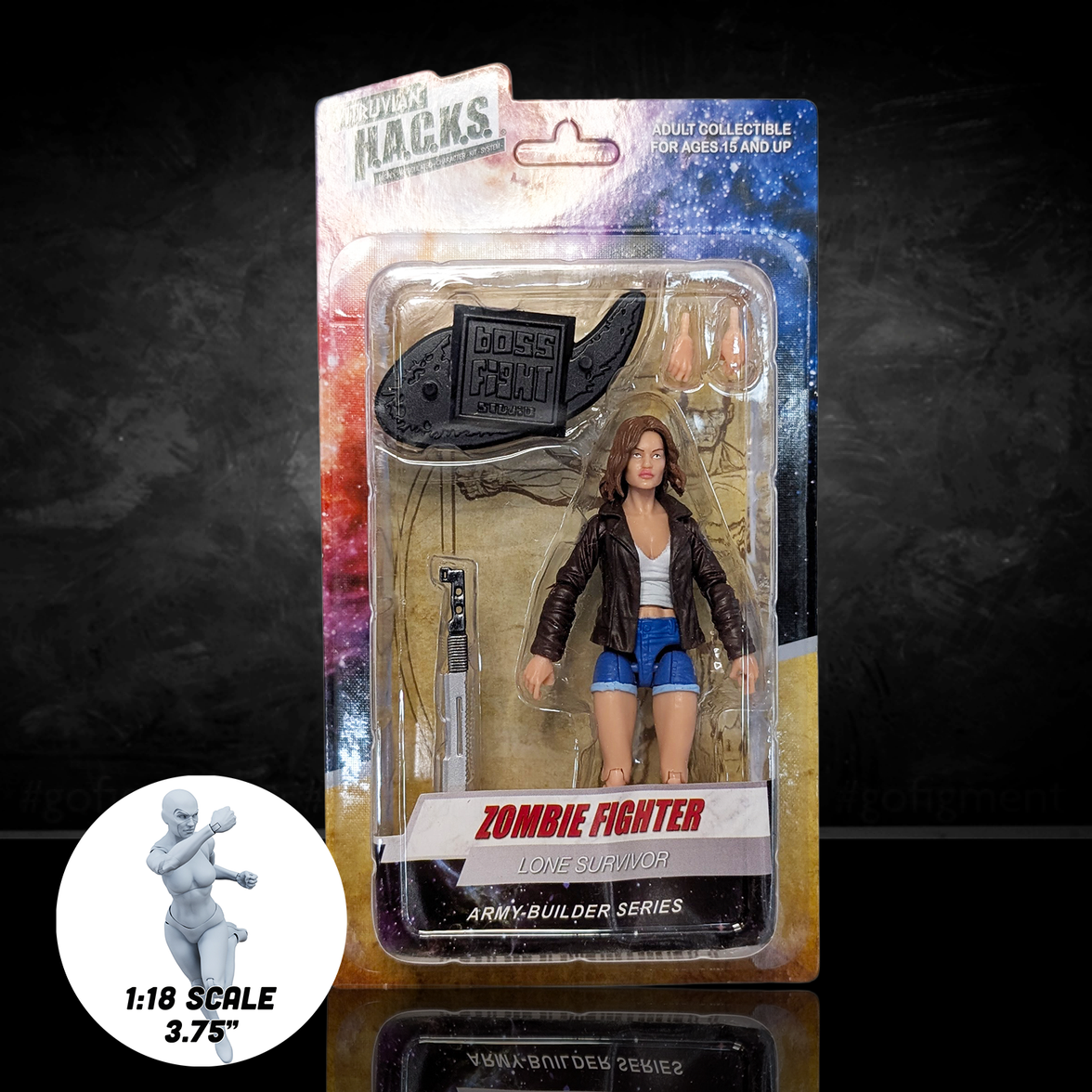 Action figure in packaging with 'Zombie Fighter' label on a dark background