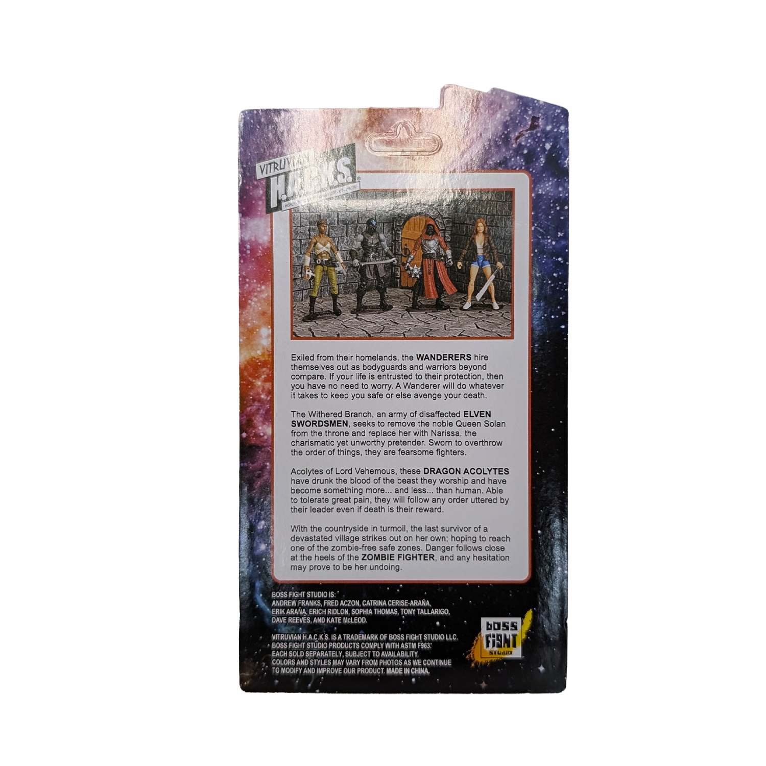 Back of a toy packaging with character illustrations and text on a white background