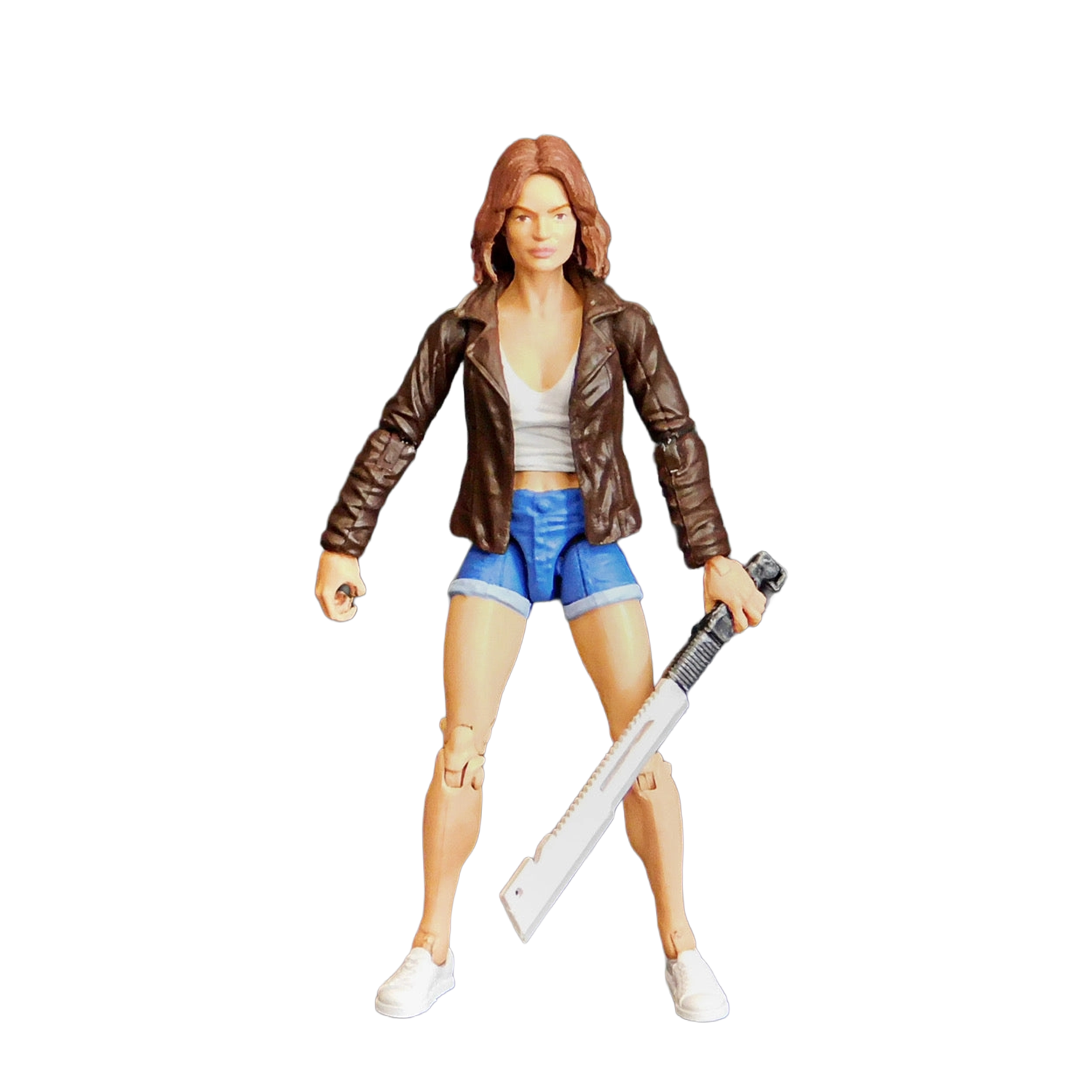 Action figure of a character holding a weapon on a white background