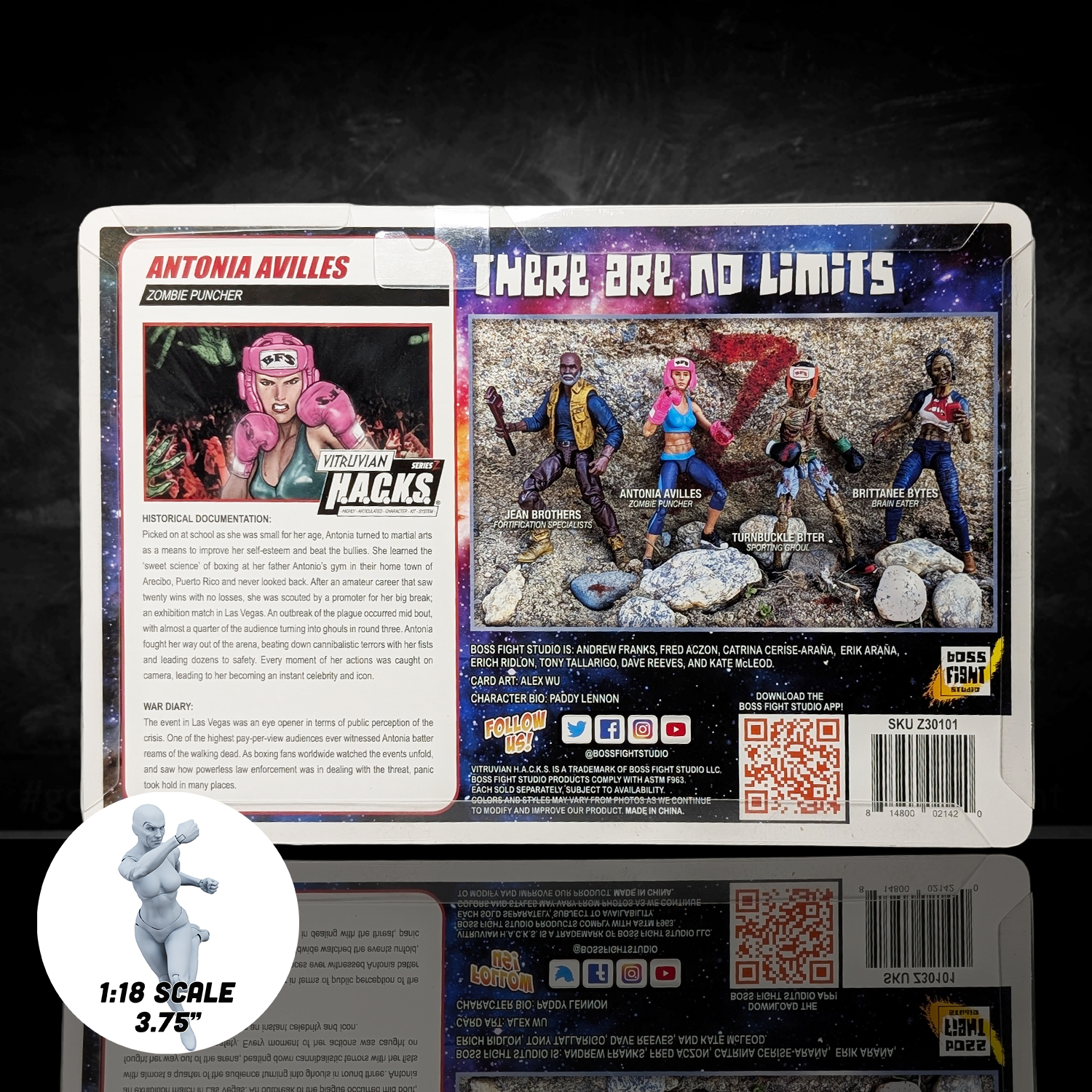 Product packaging with character card and action figures on a dark background