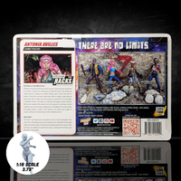 Product packaging with character card and action figures on a dark background