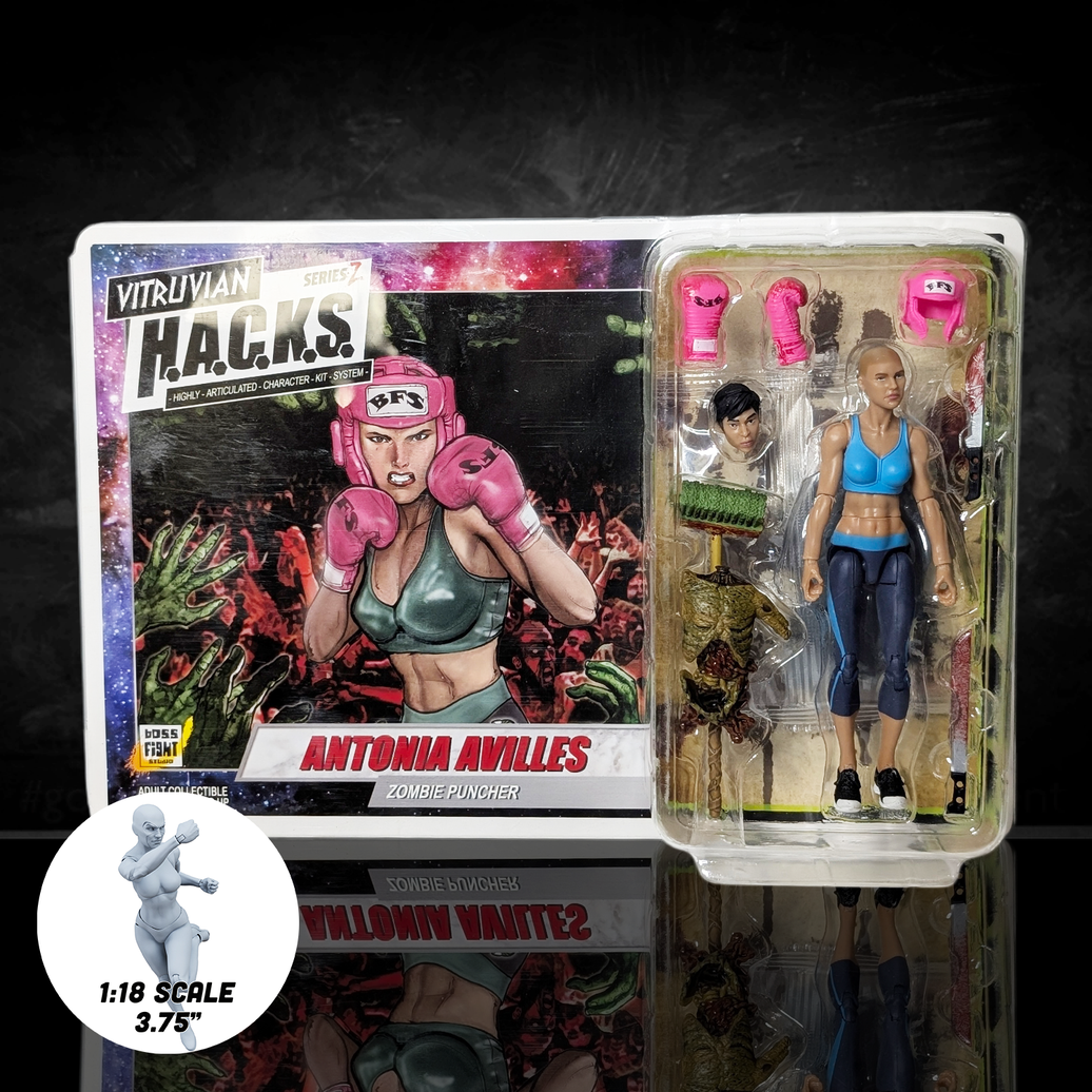 Vitrivian H.A.C.K.S. action figure of Antonia Avilles in packaging with a dark background