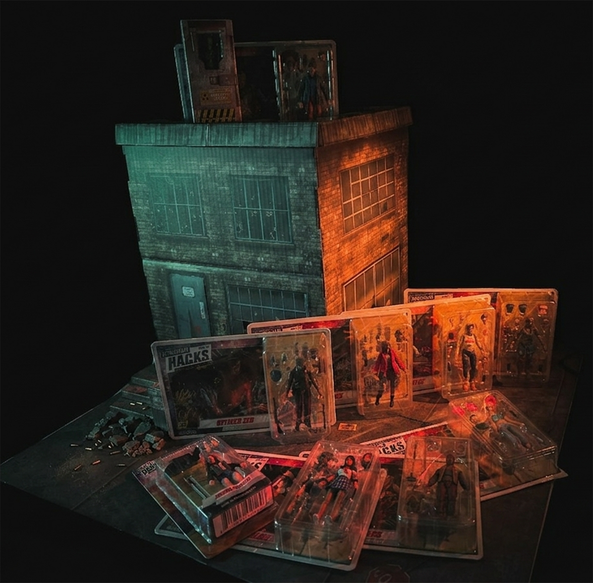 Vitruvian H.A.C.K.S. Zombie Land Complete Set Diorama and 10 Z-Series Action Figure Lot by Boss Fight Studio Llc in display setup.