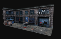 3D model of a dilapidated industrial building with broken windows and scattered debris.