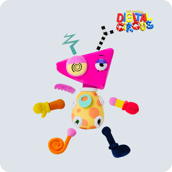 Bright pink and polka-dotted Digital Circus character plush with colorful arms and legs on a light background.