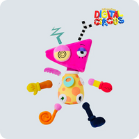 Bright pink and polka-dotted Digital Circus character plush with colorful arms and legs on a light background.