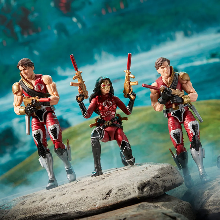 Hasbro GI Joe Classified Series 6-inch Baroness, Tomax and Xamot action figures posed on rock outdoors