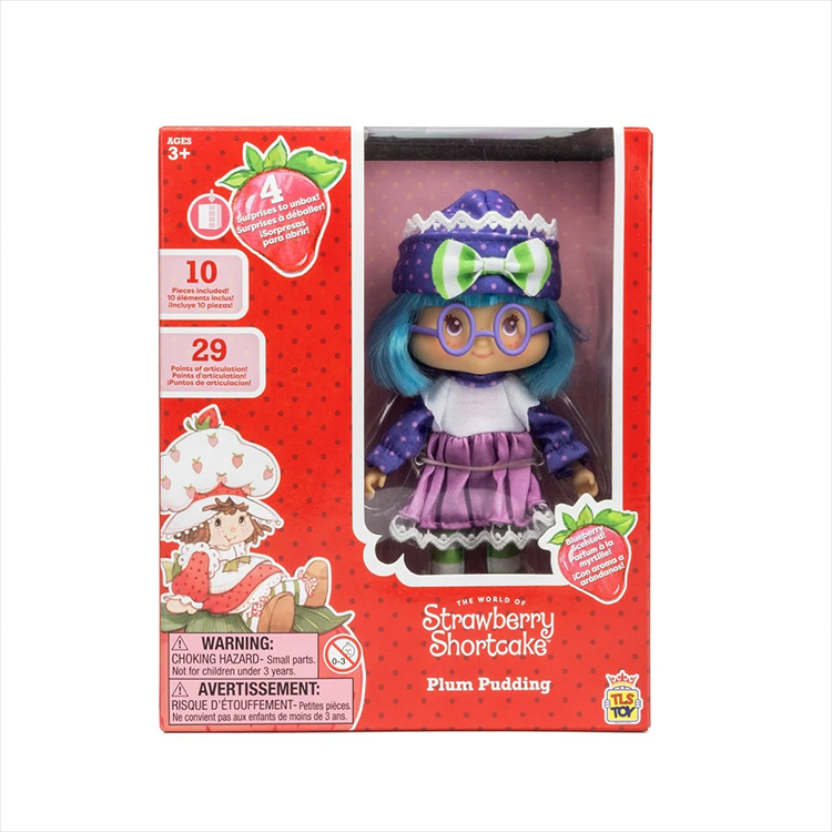 Loyal Subjects Strawberry Shortcake Plum Pudding 5.5-inch scented doll in red box with purple outfit and blue hair