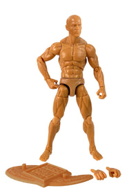 Unpainted articulated male figure with muscular build, two extra hands, and a textured display base on white background