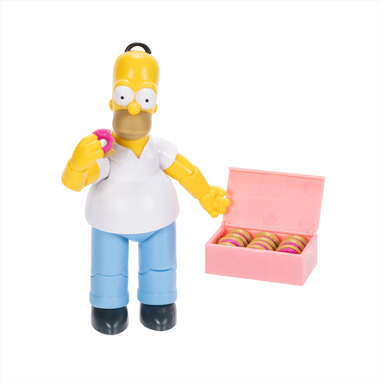Jakks Pacific Homer Simpson action figure holding pink donut with open pink box of donuts in hand