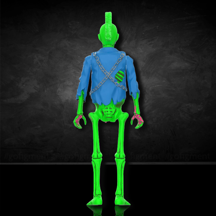 Back view of Super7 Blacklight Male Zombie ReAction Figure from Return of the Living Dead with blue tattered jacket and green glow