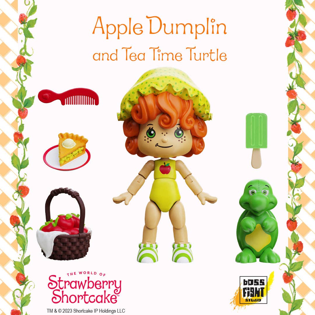 Boss Fight Studio Llc Apple Dumplin figure with curly red hair yellow bonnet, green striped shoes, and tea time turtle accessory