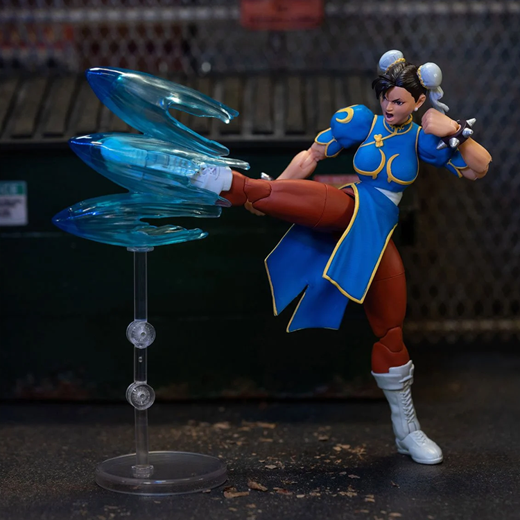 Jada Toys Ultra Street Fighter II Chun-Li 6-inch action figure performing high kick with blue energy effect display