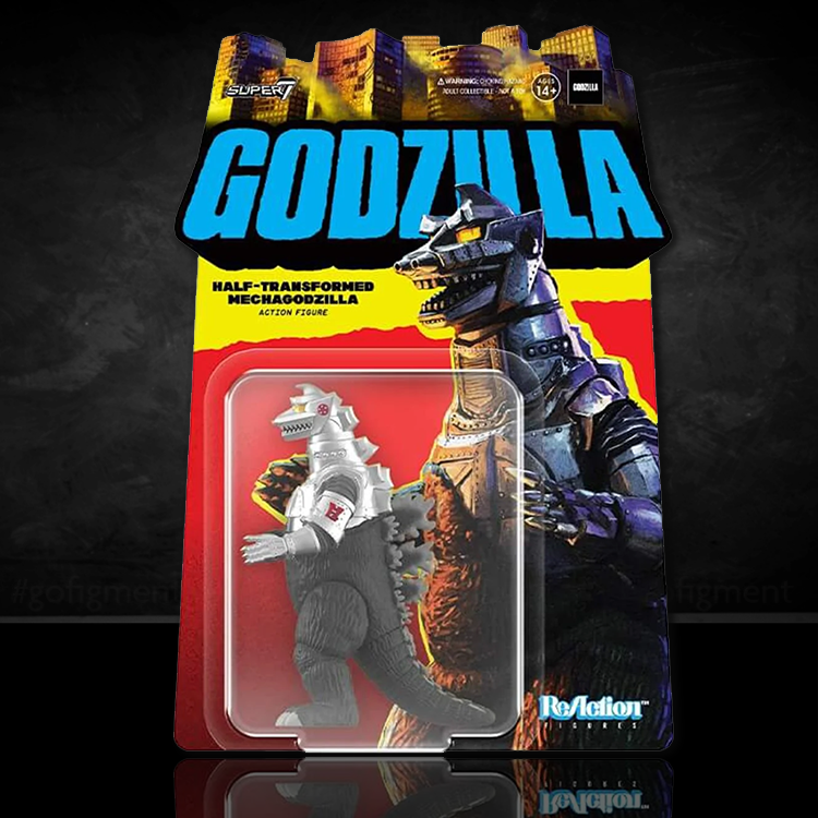 Super7 Godzilla Half-Transformed Mechagodzilla 3.75-inch ReAction action figure in vintage-style packaging