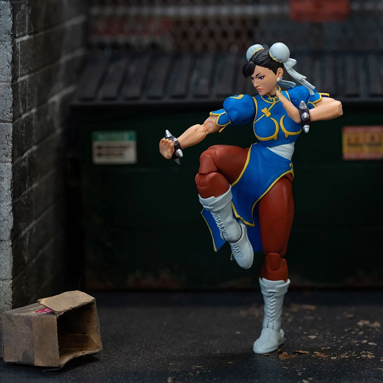 Jada Toys Ultra Street Fighter II Chun-Li 6-inch action figure in blue outfit posed kicking in urban alley setting