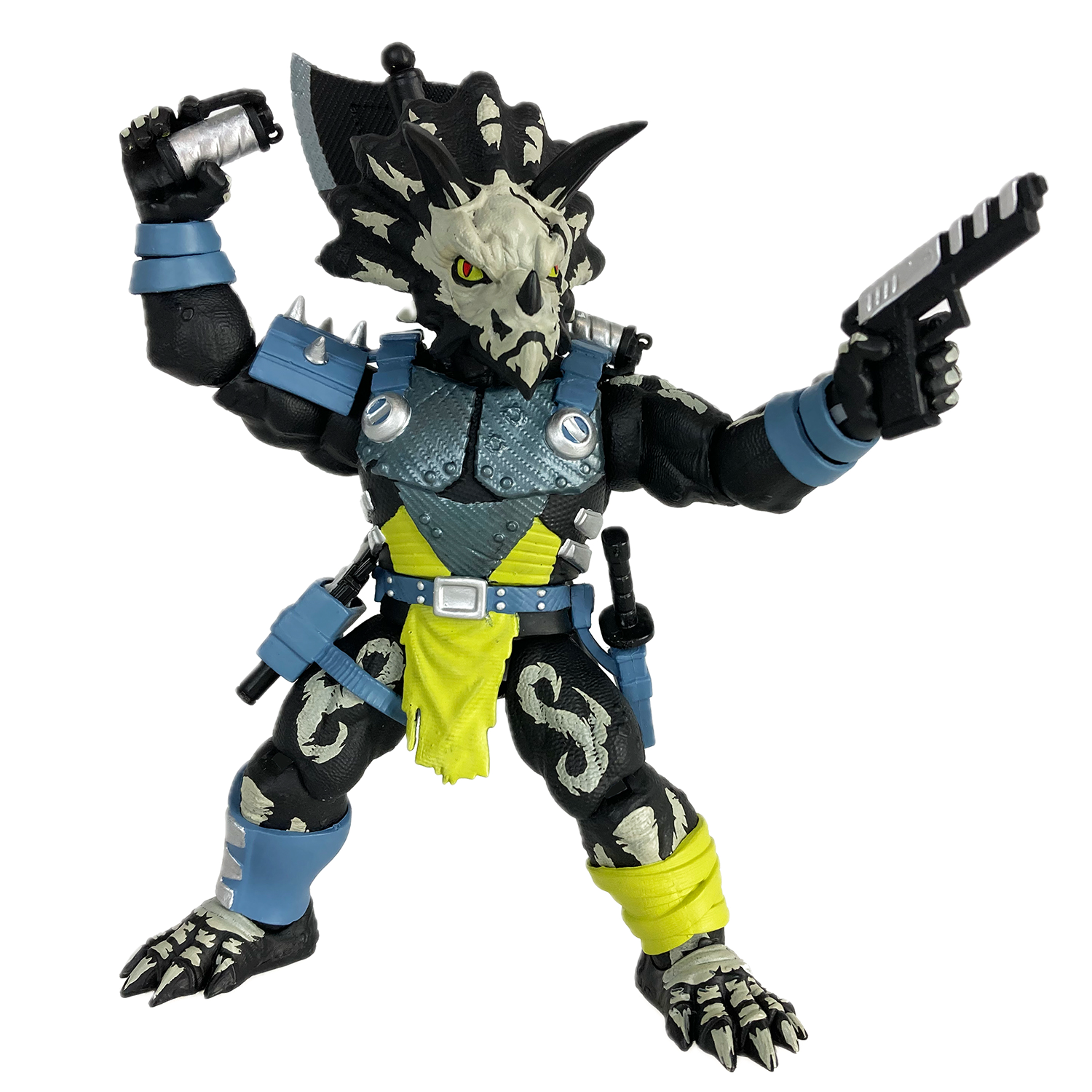 Triax Skiver Night Lands Edition action figure, a 1/12 scale Styracosaurus-inspired warrior in glow-in-the-dark green and black camo. Part of the Saurozoic Warriors collection, featuring a halberd axe, blaster pistols, and smoke grenades.
