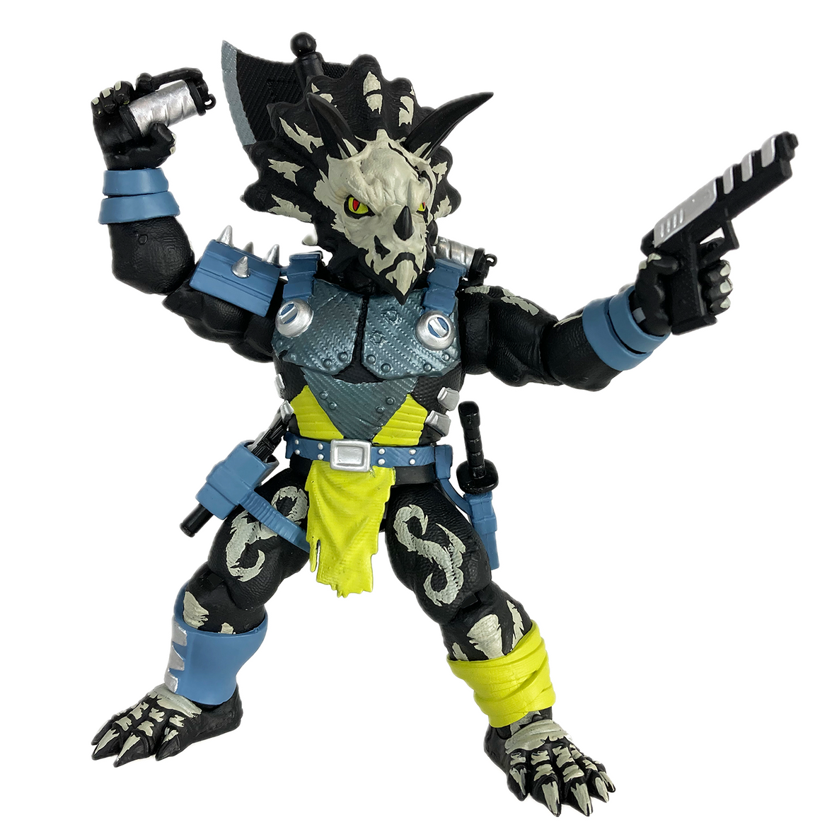 Triax Skiver Night Lands Edition action figure, a 1/12 scale Styracosaurus-inspired warrior in glow-in-the-dark green and black camo. Part of the Saurozoic Warriors collection, featuring a halberd axe, blaster pistols, and smoke grenades.
