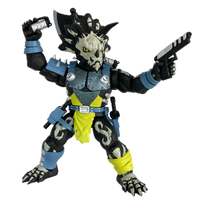 Triax Skiver Night Lands Edition action figure, a 1/12 scale Styracosaurus-inspired warrior in glow-in-the-dark green and black camo. Part of the Saurozoic Warriors collection, featuring a halberd axe, blaster pistols, and smoke grenades.