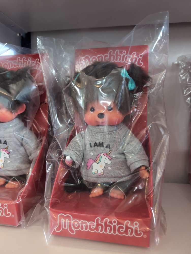 Official Sekiguchi 8-inch Monchhichi Girl Unicorn plush doll collectible, often searched as a pastel Monchichi toy.