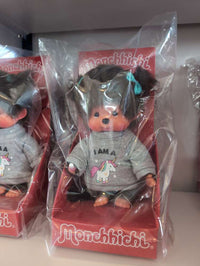 Official Sekiguchi 8-inch Monchhichi Girl Unicorn plush doll collectible, often searched as a pastel Monchichi toy.