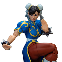 Jada Toys Ultra Street Fighter II Chun-Li 6-inch action figure in blue outfit with spiked bracelets pose close-up