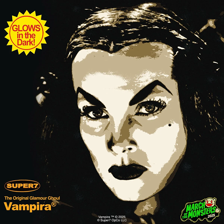 Stylized close-up of Vampira's face with dramatic makeup and a glow-in-the-dark promotional badge.