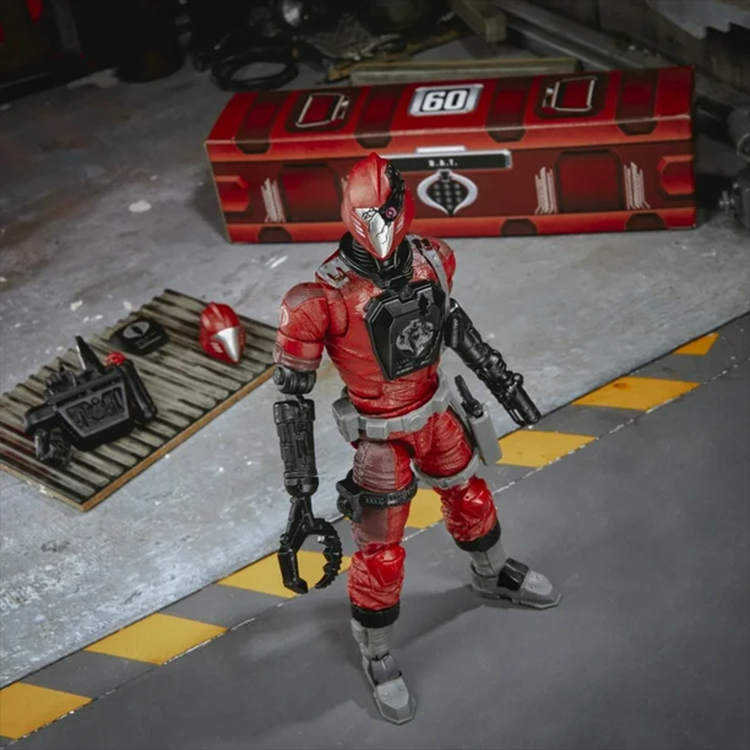 GI Joe Classified Series 6-inch Crimson BAT action figure in red armor with accessories and Hasbro branding background